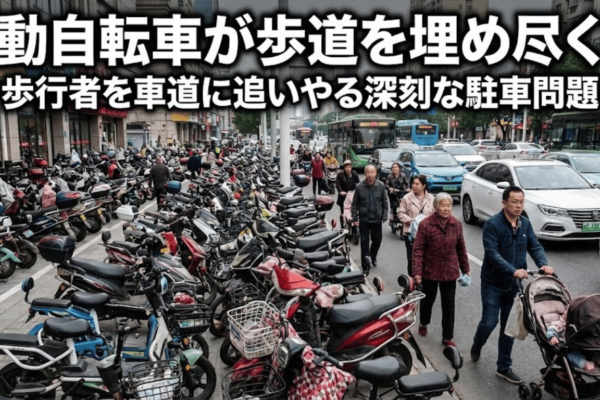 電動自転車が歩道を埋め尽くす　歩行者を車道に追いやる深刻な駐車問題