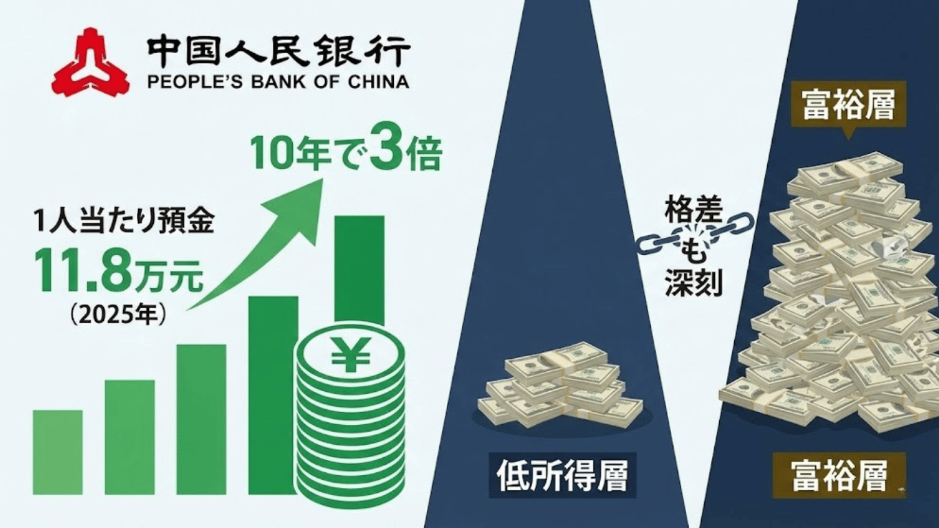 中国人民銀行発表：2025年1人当たり預金11.8万元｜10年で3倍、格差も深刻