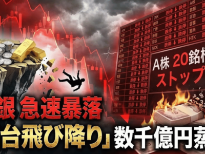 金銀が急速暴落「高台飛び降り」、A株20銘柄超がストップ安で数千億円蒸発