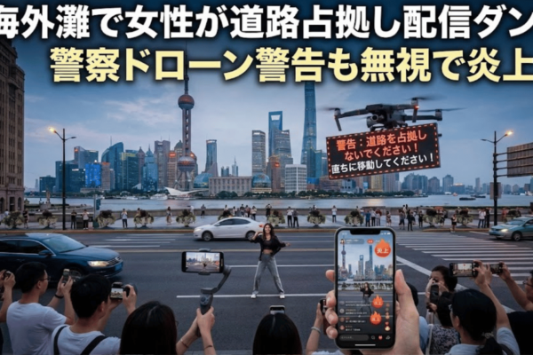 上海外灘で女性が道路占拠し配信ダンス｜警察ドローン警告も無視で炎上
