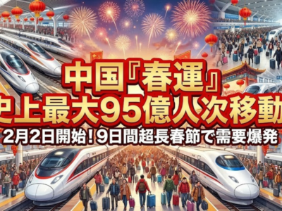 中国「春運」2月2日開始、史上最大95億人次が移動──9日間超長春節で帰省・旅行需要が爆発