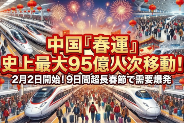 中国「春運」2月2日開始、史上最大95億人次が移動──9日間超長春節で帰省・旅行需要が爆発